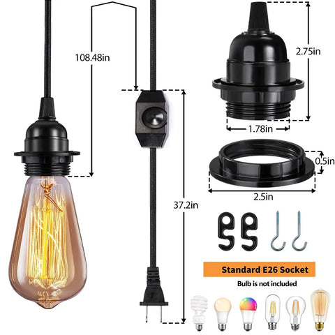 Vintage Plug In Pendant Light Kit For Industrial Style Home Decor Dope E26 E27 Lamp Socket 12.14 Ft Twisted Textile Black Cord