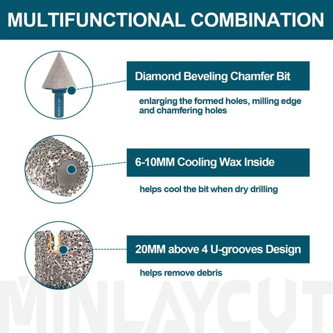 Diamond Drill Bits Set With Triangle Shank For Porcelain Tile Ceramic Marble Brick, 9-Piece Kit Includes 6/8/10/20/25/32/35/50mm Bits And 35mm Bevel Chamfer Bit showcase with beveling bit, cooling wax, and U-grooves design features.