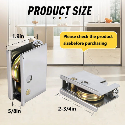 Close-up of Sliding Patio Door Rollers 2-Pack for Pella Doors, 1-1/2 inch steel ball bearing, adjustable height, corrosion-resistant hardware.