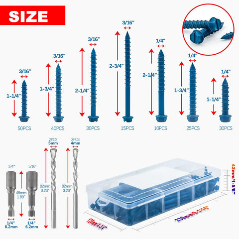 Sizes of Beefed-Up Concrete Screws Kit With Drill Bits And Driver Bits, 200-Piece Set Of Hex Head Anchors for Masonry surfaces