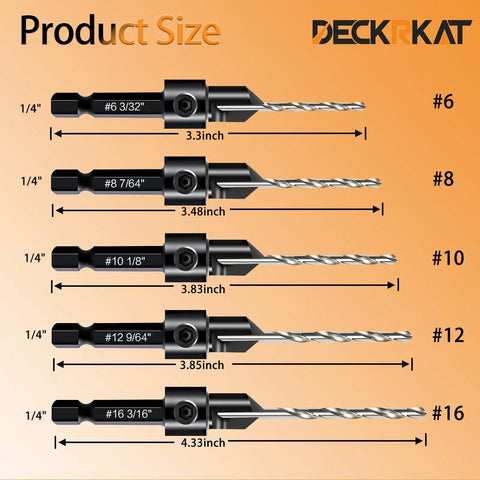Sizes of drill bits in 12 Piece Countersink Drill Bit Set With 3 In 1 Wood Counterbore Kit For Screws Size Six To Sixteen, 82 Degree Chamfer And Depth Adjustable
