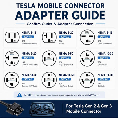 Nema 14-50 To Tesla Mobile Connector Adapter For Gen 2 And Gen 3 240 Volt 30 Amp EV charging plug guide with outlet options.