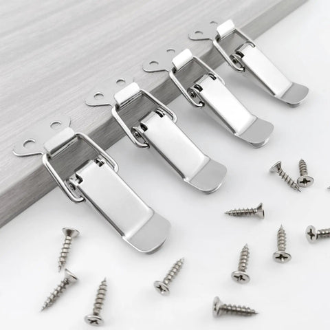 Spring Loaded Toggle Latches With Screws 73 Mm Stainless Steel Silver Small Clamp Clips displayed with screws on a surface