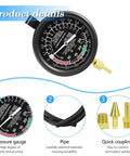Close-up of Heavy Duty Car Fuel Pump And Vacuum Tester Gauge Kit pressure gauge with black dial and brass fittings.