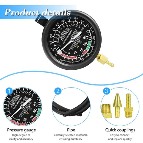 Close-up of Heavy Duty Car Fuel Pump And Vacuum Tester Gauge Kit pressure gauge with black dial and brass fittings.
