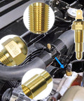 Universal Engine Cooling Fan Temperature Sensor Switch One Eighth NPT Thread 180 Fahrenheit On 165 Fahrenheit Off For Cars And Trucks Keeps Your Ride Cool And Radiator Safe brass 1/8 NPT sensor in engine bay