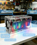 DIY Soldering Practice Kit And Electronic Speaker Build Project with LED lights, transparent acrylic shell in a workshop setting.