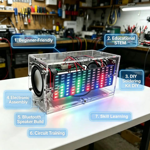 DIY Soldering Practice Kit And Electronic Speaker Build Project with LED lights, transparent acrylic shell in a workshop setting.