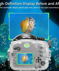 Underwater Camera Housing For Sony Alpha FX3 And FX30 40M Waterproof Scuba Case with viewfinder insert and jellyfish background.