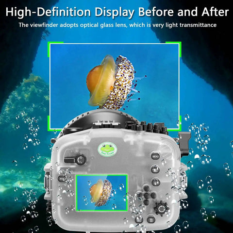 Underwater Camera Housing For Sony Alpha FX3 And FX30 40M Waterproof Scuba Case with viewfinder insert and jellyfish background.