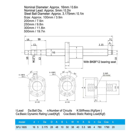 Smashing HaloVerde Rolled Ball Screw Kit With 16mm Bearing Steel Rail and SFU1605 Nut For Smooth Automation Projects, BK BF12 Mounts Included. technical drawing of SFU1605 16mm ball screw kit with BKBF12 bearing seat