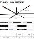 Heavy Duty 288 Inch HVLS Industrial Ceiling Fan Featuring Six Aluminum Blades And A Ripping 459000 CFM Quiet DC Motor technical parameters diagram.