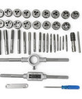 Pro Grade Metric Tap And Die Set M3 To M12 40 Piece Rethreading Tool Kit with handles and steel dies on white background