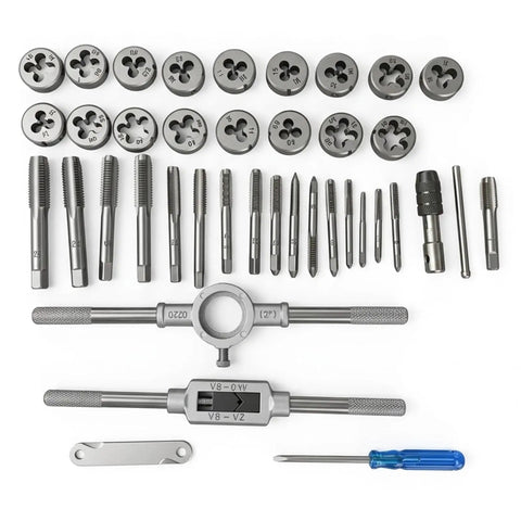 Pro Grade Metric Tap And Die Set M3 To M12 40 Piece Rethreading Tool Kit with handles and steel dies on white background