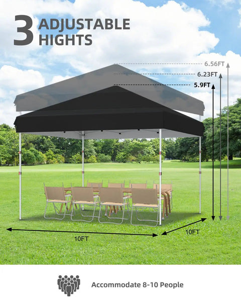 10x10 Pop Up Canopy Tent With One Button Push Setup Heavy Duty Outdoor Shelter Portable set at 5.9ft height, showing chairs