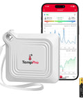 Bluetooth Thermometer Hygrometer With 260 Foot Range Easy App Pairing Wireless Temperature And Humidity Monitor For Home Office Or Garage Battery Powered Real Time Alerts Compatible With iPhone And Android, white device and app display