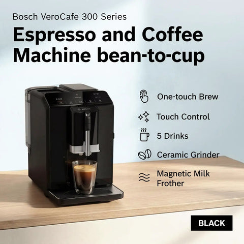 Fully Automatic Espresso Machine With Ceramic Burr Grinder Offering Straight Up Perfect Bean To Cup Coffee Through No Sweat One Touch Brewing And Creamy Milk Frother, black color on countertop.