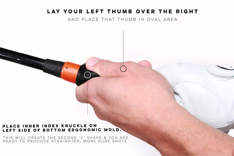 Left-Handed Golf Grip Trainer Attachment For Dialing In Your Grip And Consistent Swings On The Club, Black, in use on a club.
