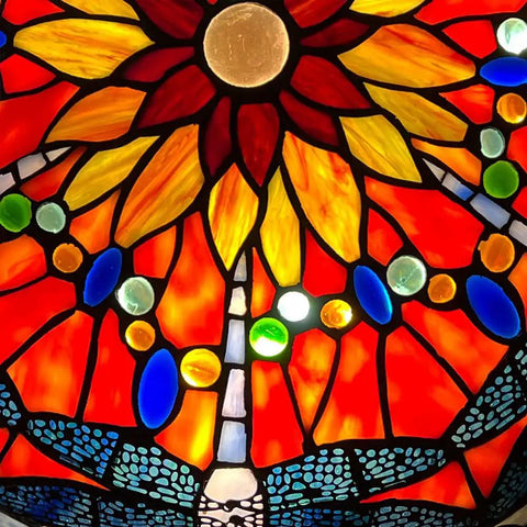 Lit Tiffany Style Stained Glass Ceiling Light 3 Lights 16 Inch Flush Mount Fixture with vibrant dragonfly design