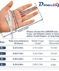 Hand with tape measure, measuring palm circumference and finger length, next to glove sizing chart, Dowelife logo visible.
