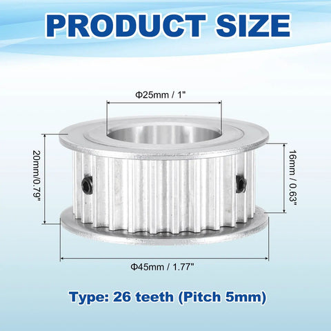 Timing Belt Pulley 5M 26 Teeth 25mm Bore 1 Inch Aluminum AF Type Synchronous Wheel For 3D Printers CNC Routers Milling Machines And Industrial Gear Systems Pro Grade Build, aluminum pulley with 25mm bore, 45mm OD