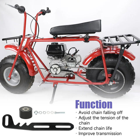 Red minibike with Mini Bike Chain Tensioner Adjuster Bracket With Roller Replacement For Predator 212 Coleman Minibike CT200U CT200U EX BT200X CT100U Baja DB30 79cc 224cc GX160 GX200 Engines Powersports Parts.