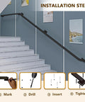 Installation guide for Built Tough Stair Railing Handrail Wall Mount, showing steps on a matte black coated handrail.
