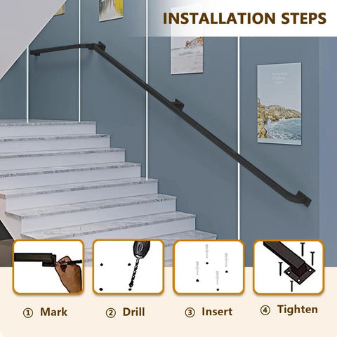 Modern Black Stair Railing Wall Mount Handrail Indoor Staircase Banister Wrought Iron Brackets installation steps guide