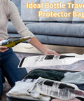 Woman packing wine bottle using Travel Wine Bags 3 Pack Reusable Bottle Sleeves With Triple Leakproof Protection And Shock Absorbing Bubble Padding