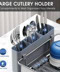 Premium Stainless Steel Dish Drying Rack with Large Capacity Counter Organizer showing utensil holder with cutlery