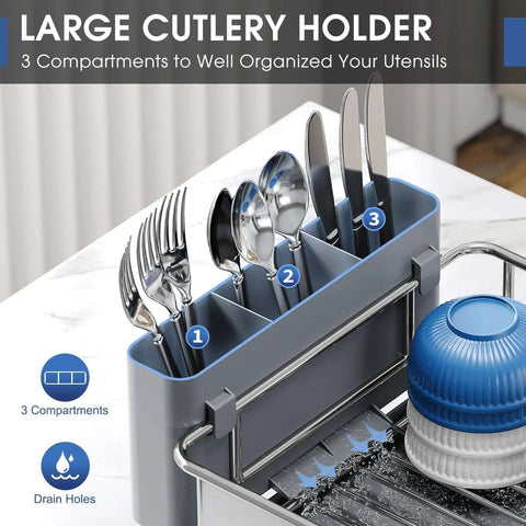 Premium Stainless Steel Dish Drying Rack with Large Capacity Counter Organizer showing utensil holder with cutlery