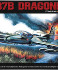 Box art for 1/72 Scale A-37B Dragonfly Model Kit For Hobbyists, Vietnam War jet with explosion background