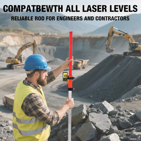 Man holding Heavy Duty Aluminum Laser Grade Rod on a construction site, used for grading and surveying tasks.