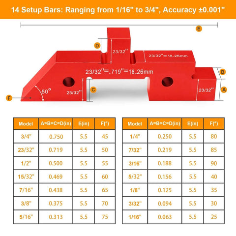 14-piece table setup bar set, red aluminum blocks for precise height, depth, angle and fence alignment with storage case