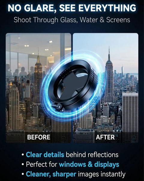 Anti-Glare Magnetic Phone Filter 2 In 1 CPL And Star Filter for iPhone showing before and after clarity through city window