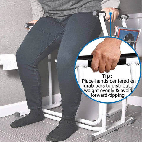 FSA HSA Eligible Sit And Rise Bathroom Safety Frame With Height Adjustable Toilet Rail providing support for seated person
