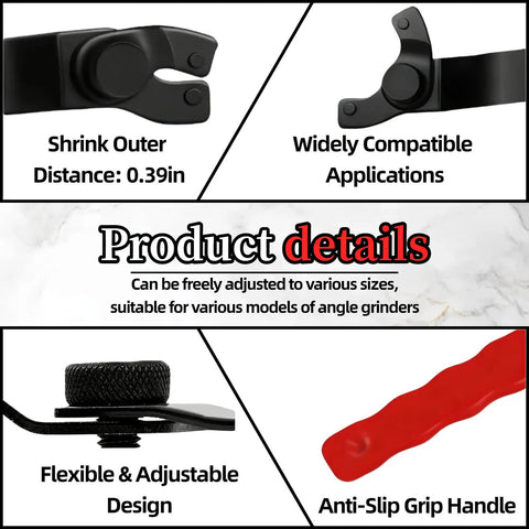 Adjustable Pin Spanner Wrench For Angle Grinders showing flexible design, anti-slip grip, and compatibility details, tool steel build.