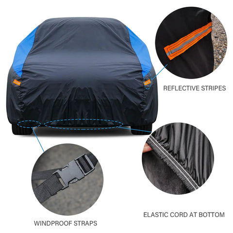 All Weather Waterproof Car Cover Universal Fit For Sedans And Coupes, Heavy Duty Exterior Shield With UV Protection, showing cover and features.