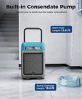 Heavy Duty Commercial Dehumidifier With Built In Pump shown with 19.6 ft drain hose, perfect for warehouses and factories.