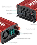 Heavy Duty Car Power Inverter Pumps Out Five Hundred Watts From Dc Twelve To Ac 110V With Dual Plugs And Quick Usb For Your Rig, showing AC sockets and USB port.