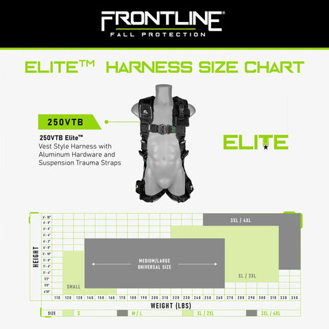 Fall Protection Vest Style Elite Harness With Aluminum Hardware Quick Adjust Torso Perforated Mesh Pads Size XL to 2XL size chart