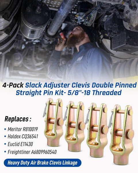4 Pack Slack Adjuster Clevis Double Pinned Straight Pin Kit 5/8-18 Threaded for heavy duty air brake systems on display