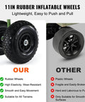 11in rubber inflatable wheels showing durability comparison for the Heavy Duty Folding Fishing Cart With Four 11 Inch Wheels And 300 Pound Load Capacity Rust Resistant Steel Beach Wagon Trolley For Picnic And Eight Rod Holders.