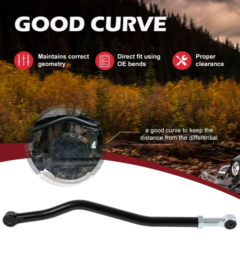 Beefed-Up Front Adjustable Track Bar For Jeep Wrangler JK JKU 2007 Through 2018 Fits 1-6 Inch Lift 1.5 Inch OD Solid Steel Panhard Bar Eliminates Death Wobble Maintenance Free Sealed Bushing Black, curved black front track bar