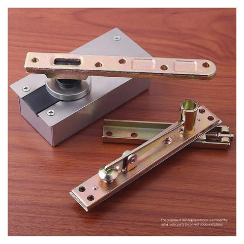 Heavy Duty Concealed Door Pivot Shaft Lets Your Indoor Wood Door Swing Free 360 Degrees Smoothly With Massive 300kg Load Support And Built In Bearings, showing components on wood.