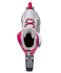 Top view of Girls Adjustable Inline Skates For Kids White And Fuchsia Four Size Adjustable Fitness Skates With Cushioned Liner And Tongue.