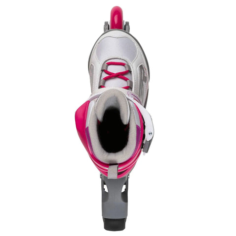 Top view of Girls Adjustable Inline Skates For Kids White And Fuchsia Four Size Adjustable Fitness Skates With Cushioned Liner And Tongue.