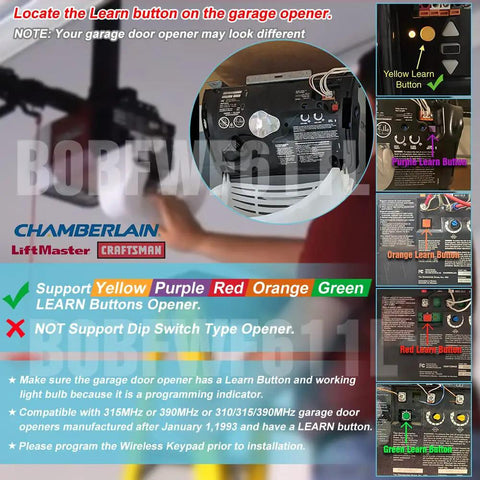 Keyless Wireless Garage Door Keypad For 310 315 390 MHz Openers Learn Button Compatible shown in use with instructions.