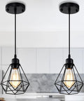 Black Pendant Lights 2 Pack Farmhouse Industrial Metal Cage Ceiling Fixtures Adjustable Hanging Lights For Kitchen Island
