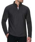 Model wearing Mens Thermal Fleece Lined Quarter Zip Sweatshirt Lightweight Long Sleeve Raglan Pullover With Stretch Fabric For All Season Cozy Warmth Golf Style Black Large, showing front view with hands in pockets.